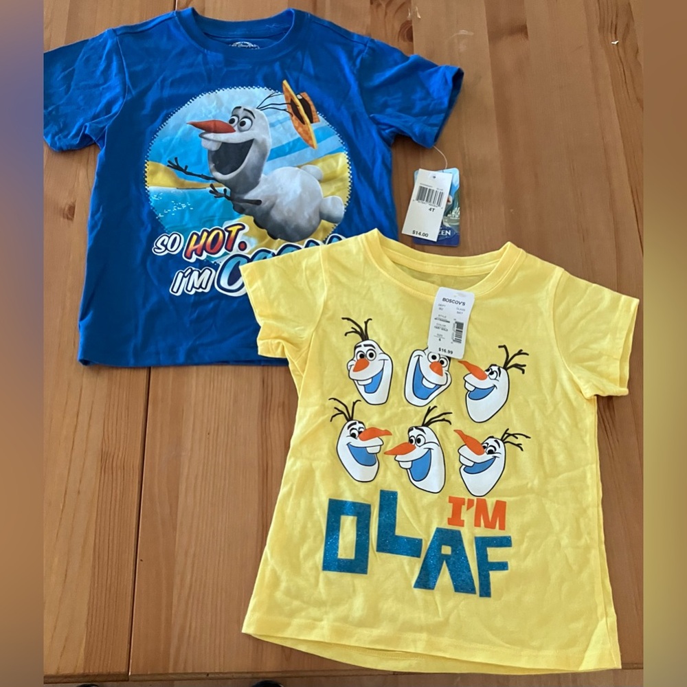 NWT 2 Disney Olaf Kids T-Shirts - Blue and Yellow one 4T the other size 5